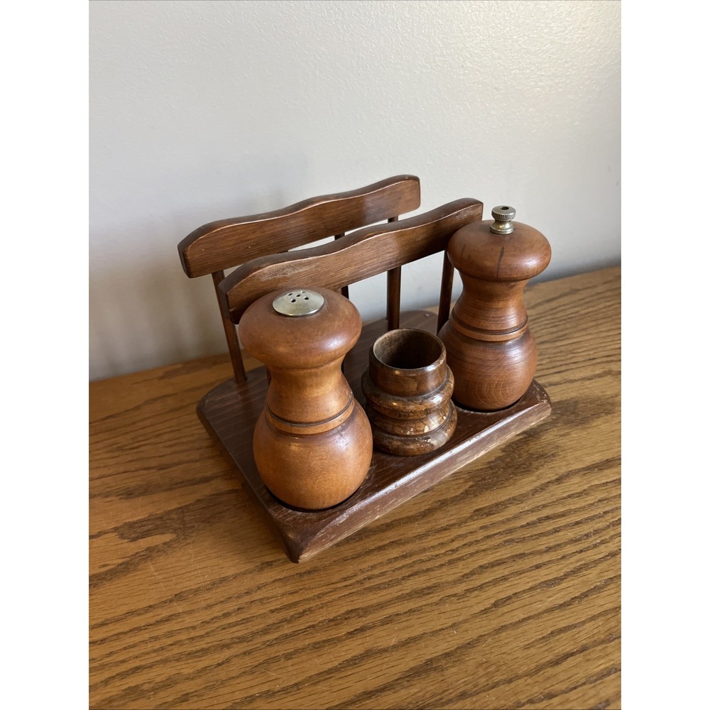Vintage Wood Napkin Holder Caddy Set Salt Pepper Shakers Toothpick Holder